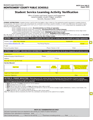 MCPS Student Service Learning Activity Verification Form
