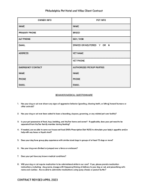 Philadelphia Pet Hotel Client Contract