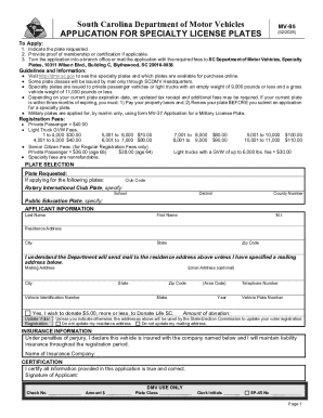 South Carolina Specialty License Plates Application