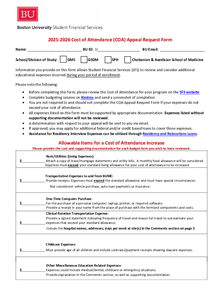 Cost of Attendance Appeal Request Form - Blank Fillable Template | Fill ...