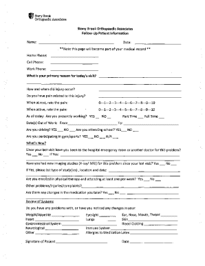 Stony Brook Orthopaedic Follow-Up Patient Form