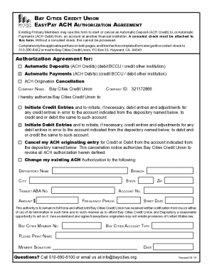Bay Cities Credit Union ACH Authorization Agreement