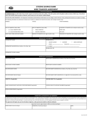 Citizens Savings Bank Wire Transfer Agreement