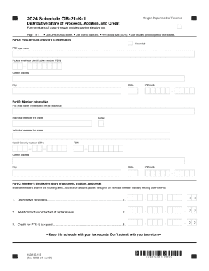 Oregon OR-21-K-1 Schedule