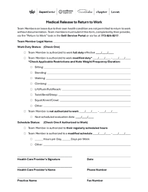 Medical Release to Return to Work Form