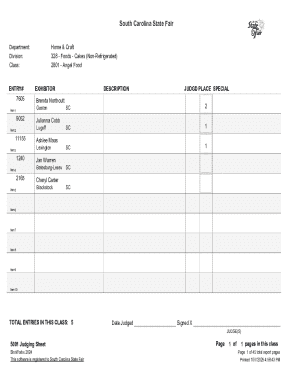 South Carolina State Fair Cake Judging Sheet