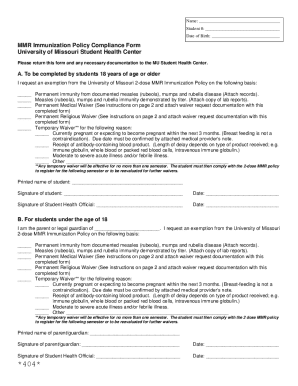 MMR Immunization Policy Compliance Form