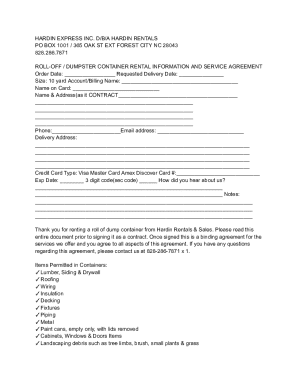 Roll-Off Dumpster Rental Agreement