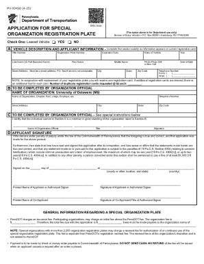 Pennsylvania Special Organization Registration Plate Application