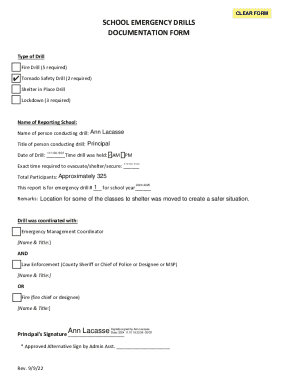 School Emergency Drills Documentation Form