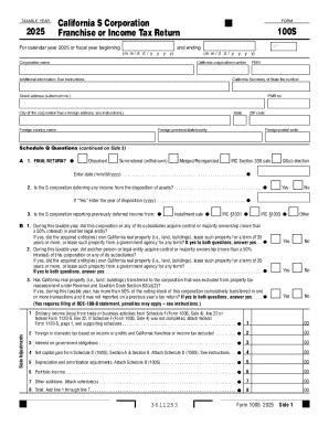 California S Corporation Franchise or Income Tax Return 100S