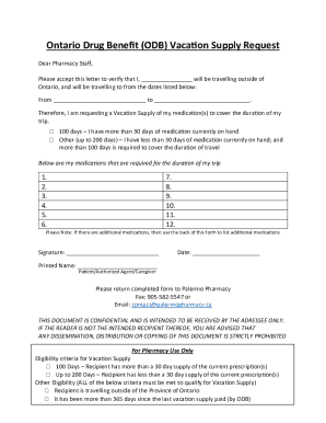 Ontario Drug Benefit Vacation Supply Request