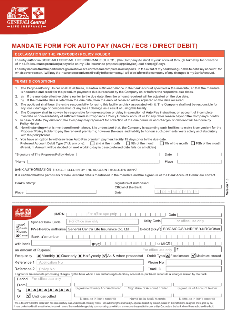 Auto Pay Mandate Form - Blank Fillable Template | Fill Out, Print ...