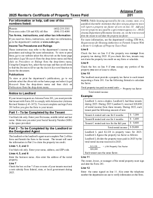 Arizona Form 201 Renter's Certificate of Property Taxes Paid