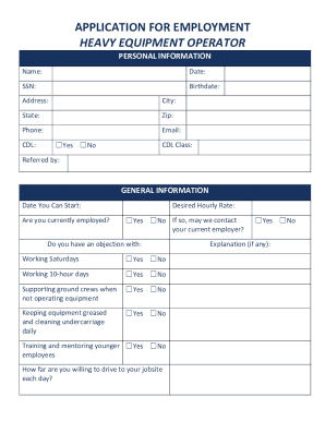 Heavy Equipment Operator Employment Application