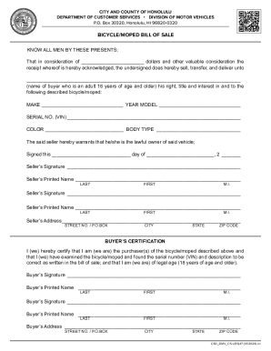 Honolulu Bicycle Moped Bill of Sale