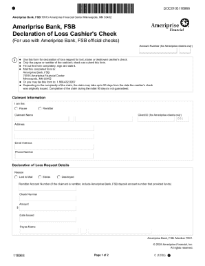 Declaration of Loss Cashier's Check Form