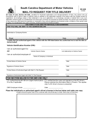 South Carolina MV-80B Title Delivery Request