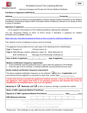 UK Hackney Carriage Medical Certificate