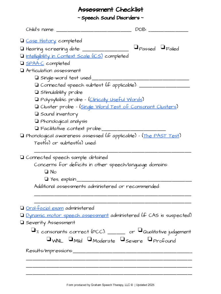 Speech Sound Disorders Assessment Checklist - Blank Fillable Template ...