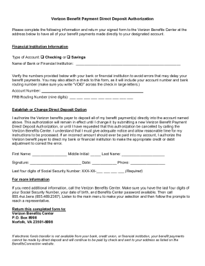 Verizon Benefit Payment Direct Deposit Authorization