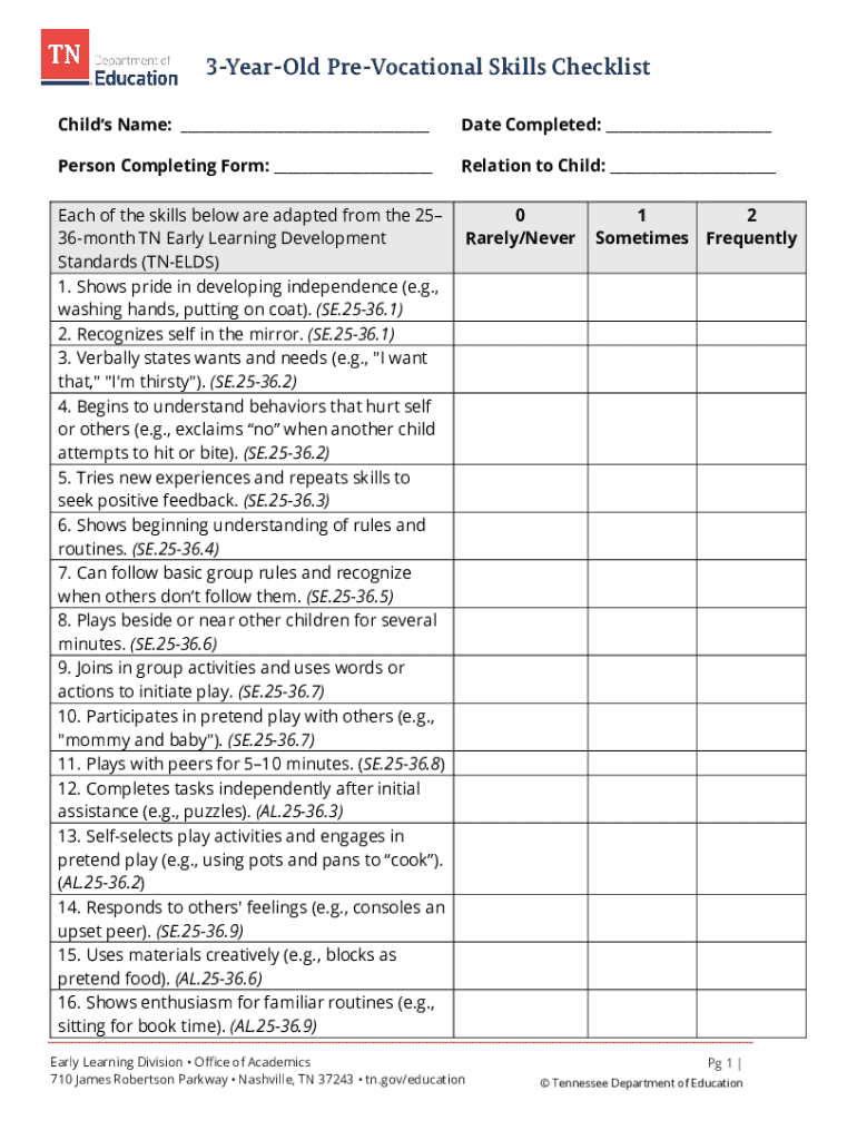 3-Year-Old Pre-Vocational Skills Checklist - Blank Fillable Template