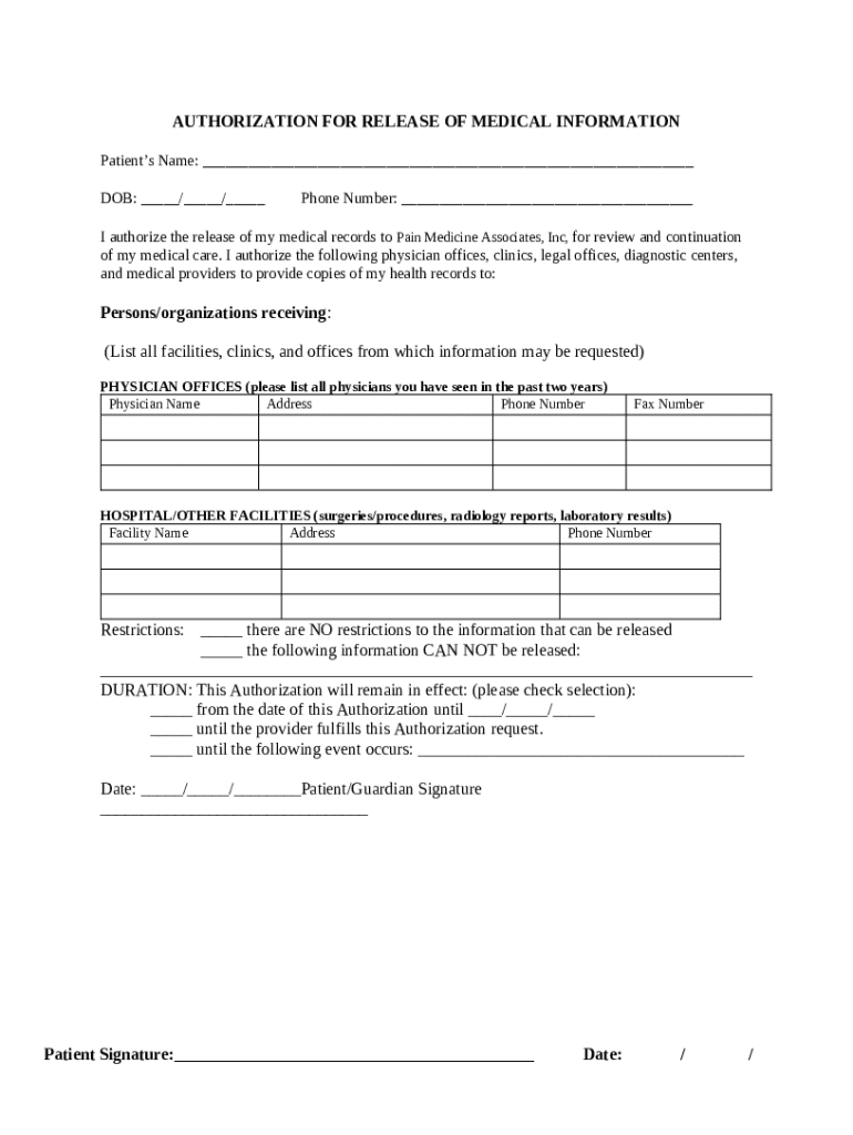 Authorization for Release of Medical Information - Blank Fillable ...