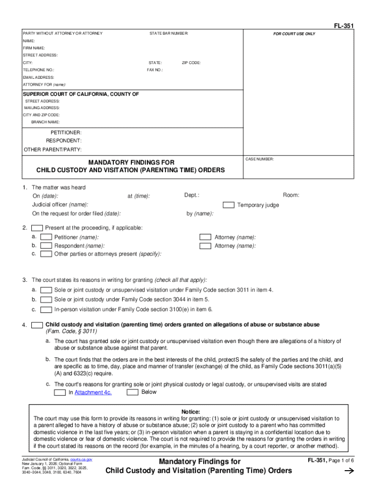 California Child Custody and Visitation Form FL-351 - Blank Fillable ...