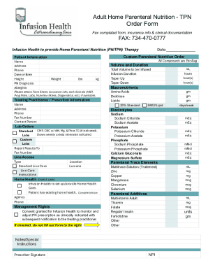 Adult Home Parenteral Nutrition TPN Order Form