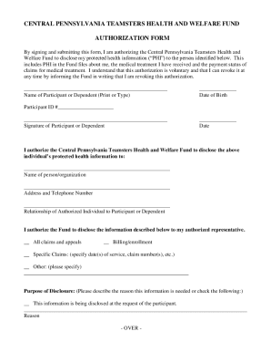 Central Pennsylvania Teamsters Health Authorization Form
