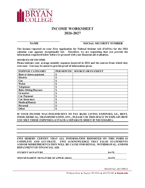 Income Worksheet for Financial Aid