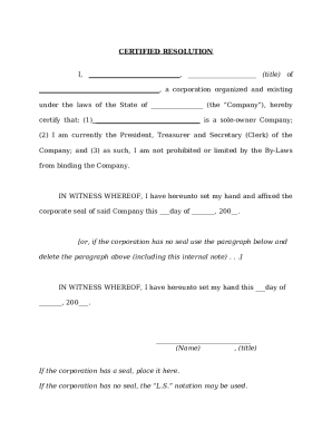 Corporate Resolution Certificate
