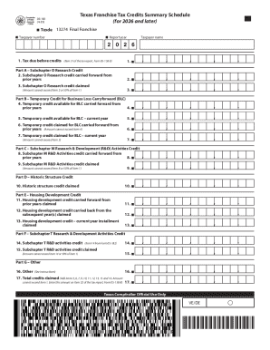 Texas Franchise Tax Credits Summary Schedule
