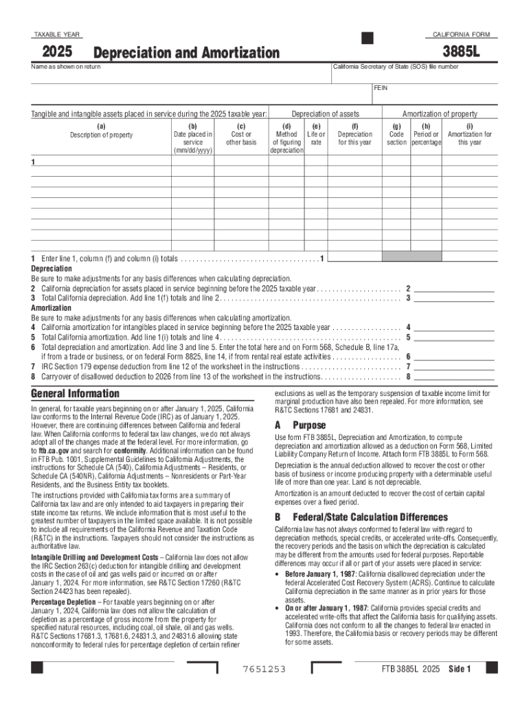 California Form 3885L 2025 Depreciation and Amortization Preview on Page 1