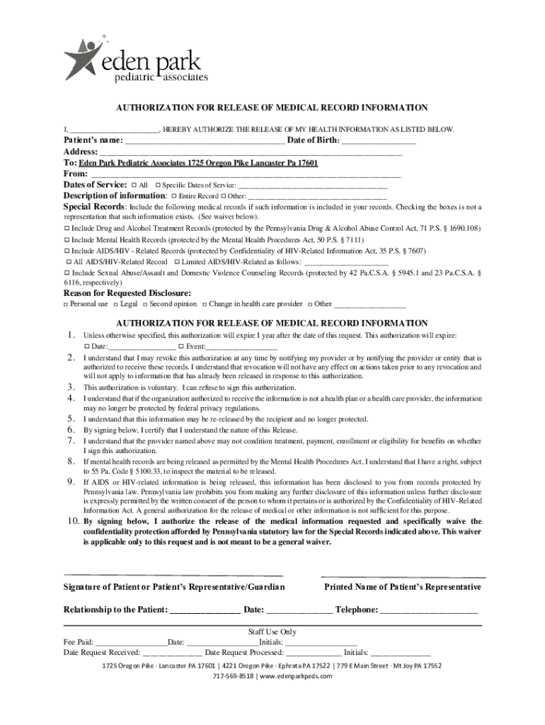 Authorization for Release of Medical Record Information - Blank ...
