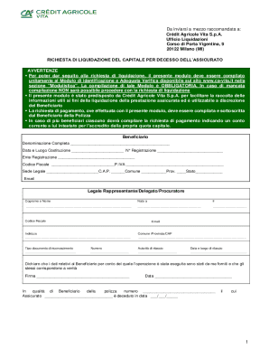 Crédit Agricole Vita Death Benefit Claim Form