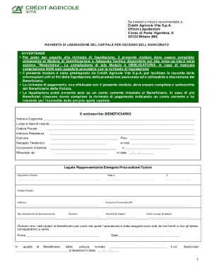 Crédit Agricole Vita Death Benefit Claim Form