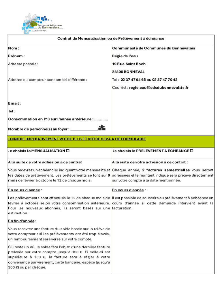 Remplissable en ligne Contrat de Mensualisation ou de Prlvementchance ...