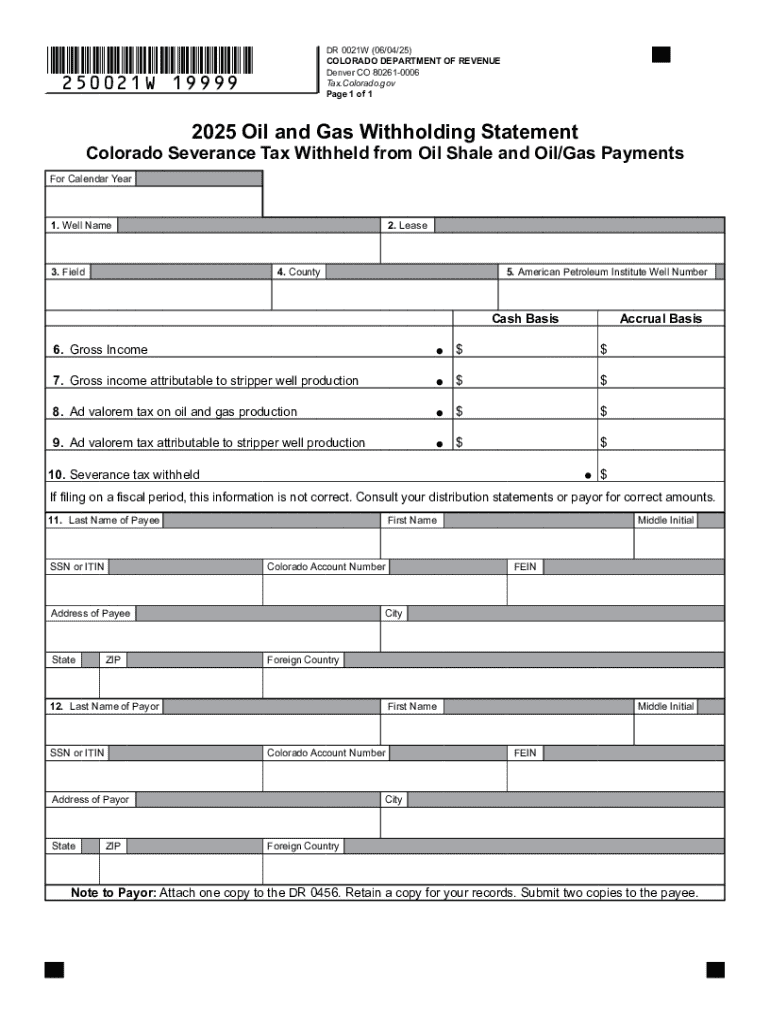 Colorado DR 0021W Oil and Gas Withholding Statement Preview on Page 1