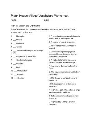 Plank House Village Vocabulary Worksheet