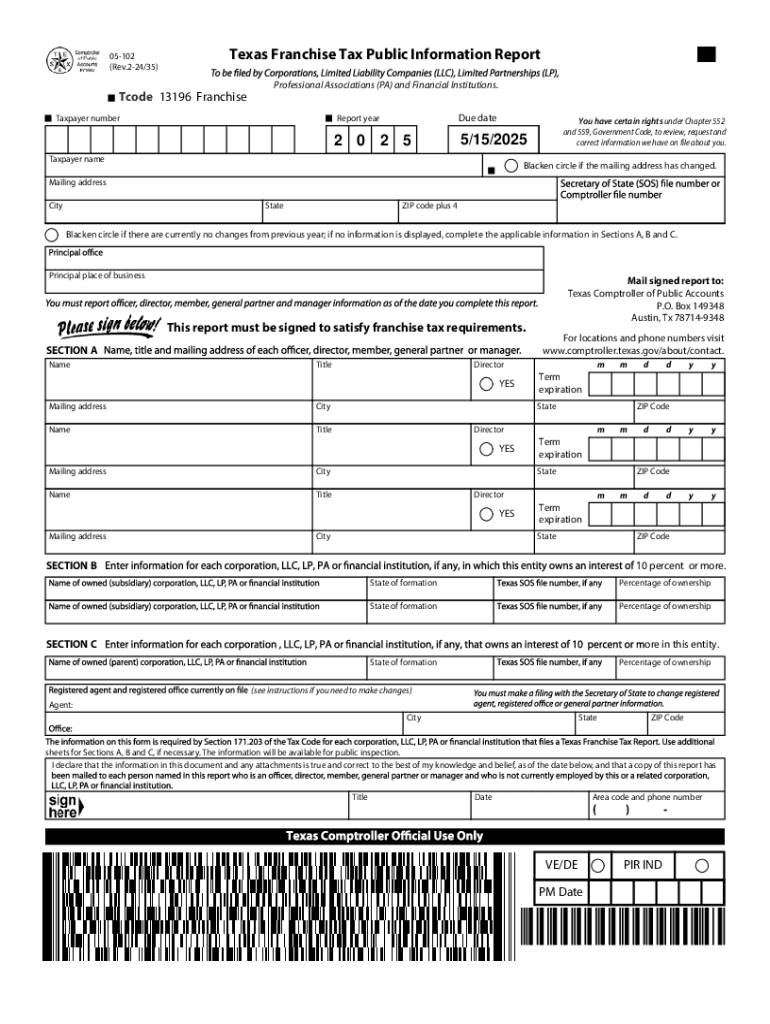Form 05-102, 2025 Texas Franchise Tax Public Information Report Form 05-102, 2025 Texas Franchise Ta Preview on Page 1