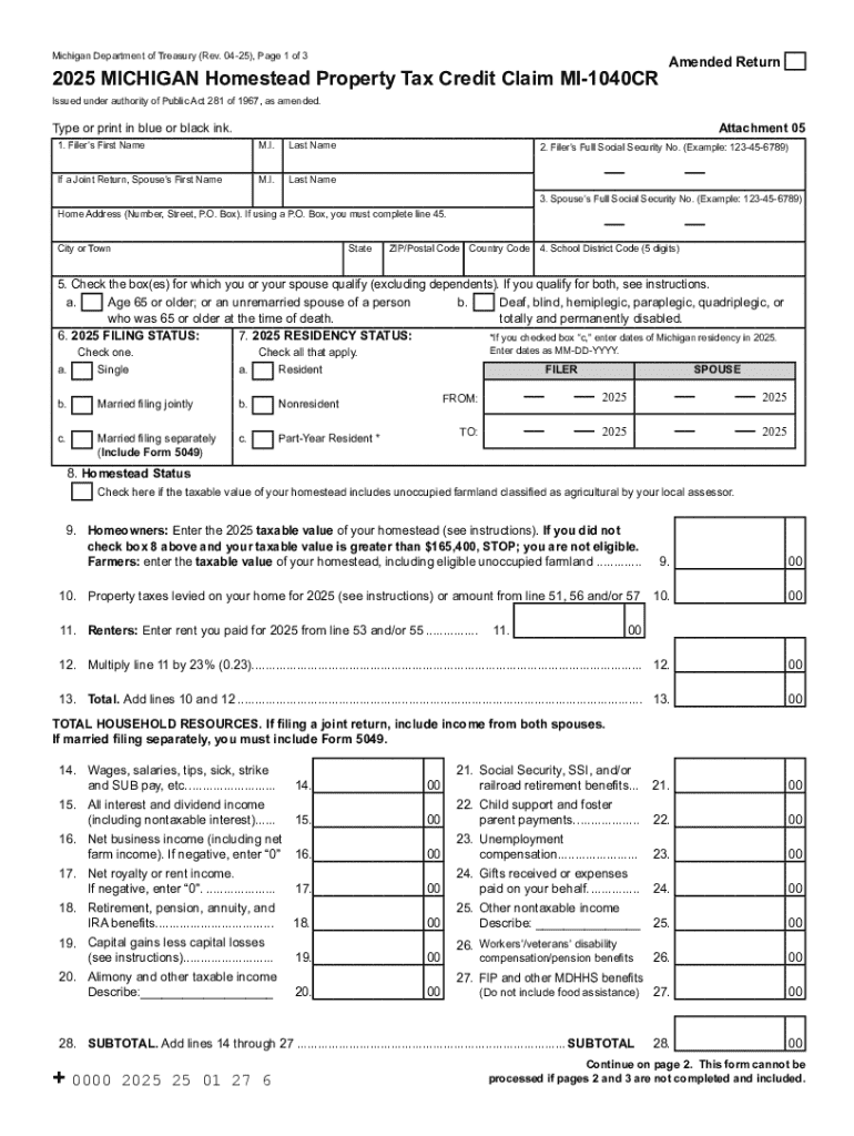 Amended Form 1040 CR - Homestead Property Tax Credit Preview on Page 1