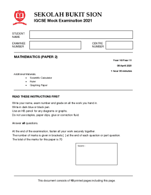 IGCSE Mathematics Mock Exam 2021