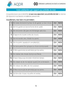 Votre satisfaction par rapport aux activités de loisir
