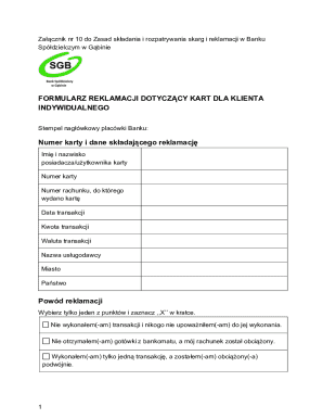 Bank Complaint Form for Individual Clients