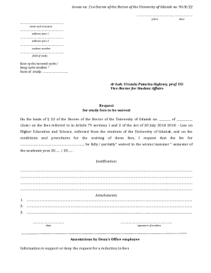 University of Gdańsk Study Fee Waiver Request