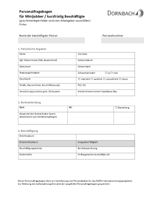 Personalfragebogen for Minijobber