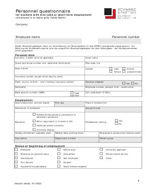 Personnel Questionnaire for Mini Jobs