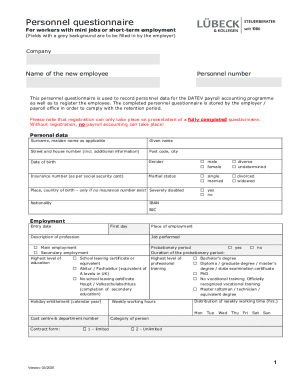German Mini Job Personnel Questionnaire