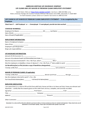Life Claims and Waiver of Premium Employer Statement